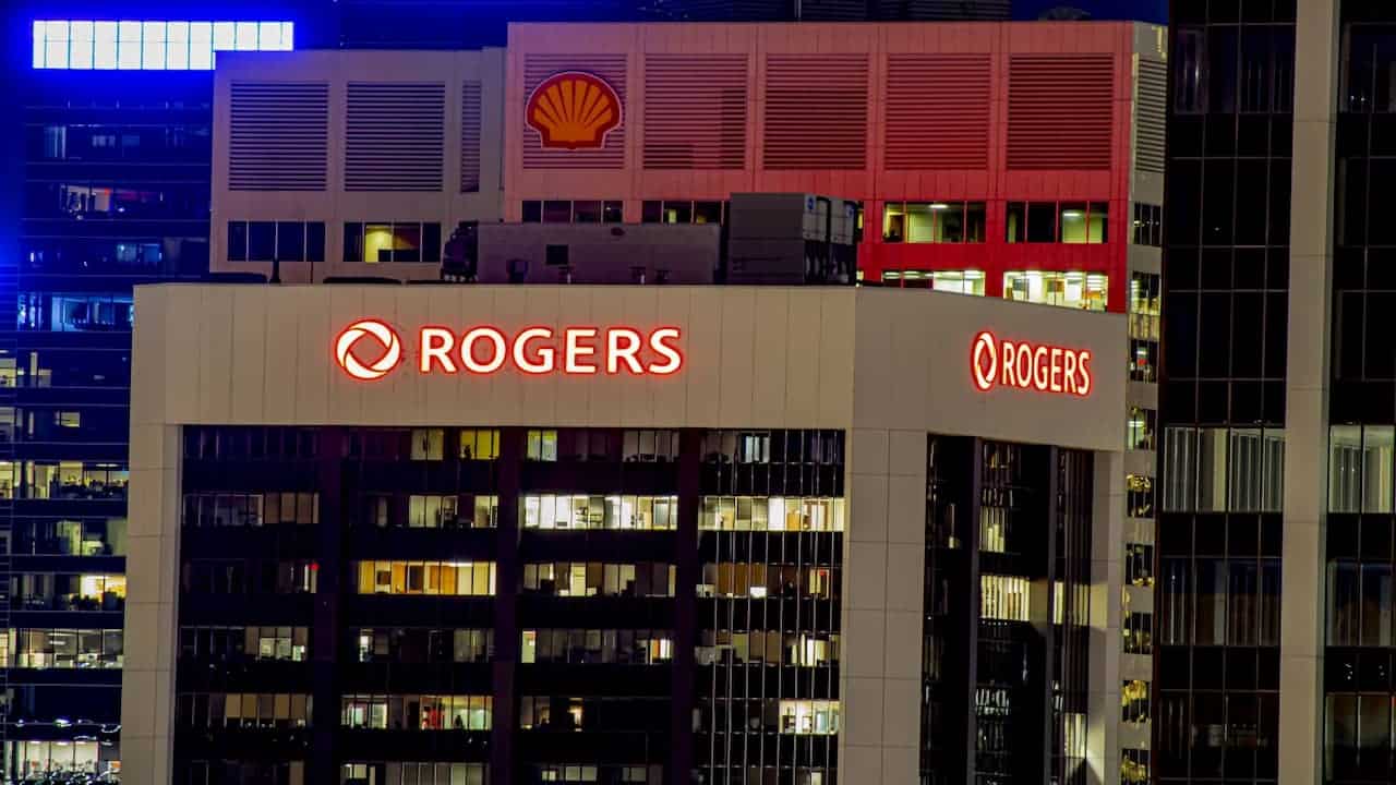 Rogers neon logo on the top of the building