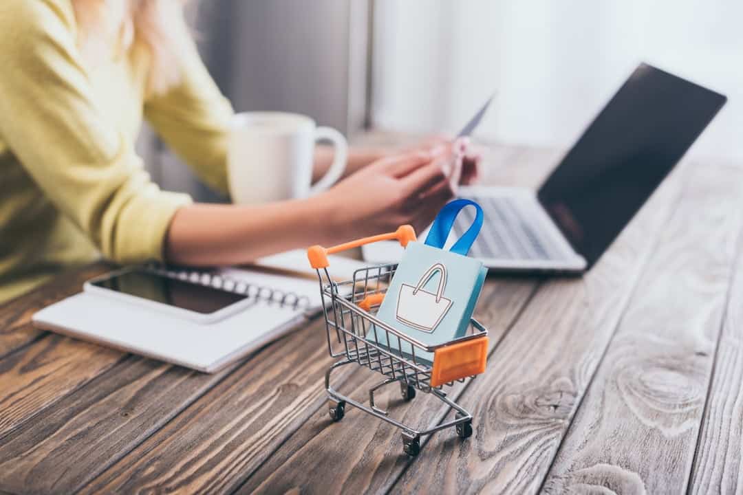 A small shopping bag in shopping trolley on the table with a person with laptop and credit card in the background