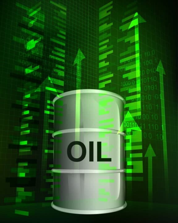green stock chart and oil barrel