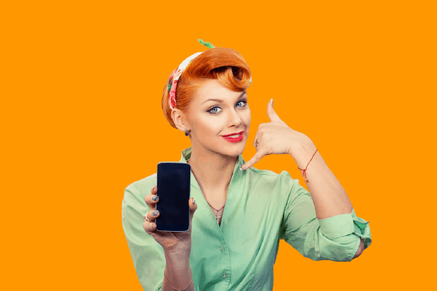 pin up styled girl with a cell phone showing a call