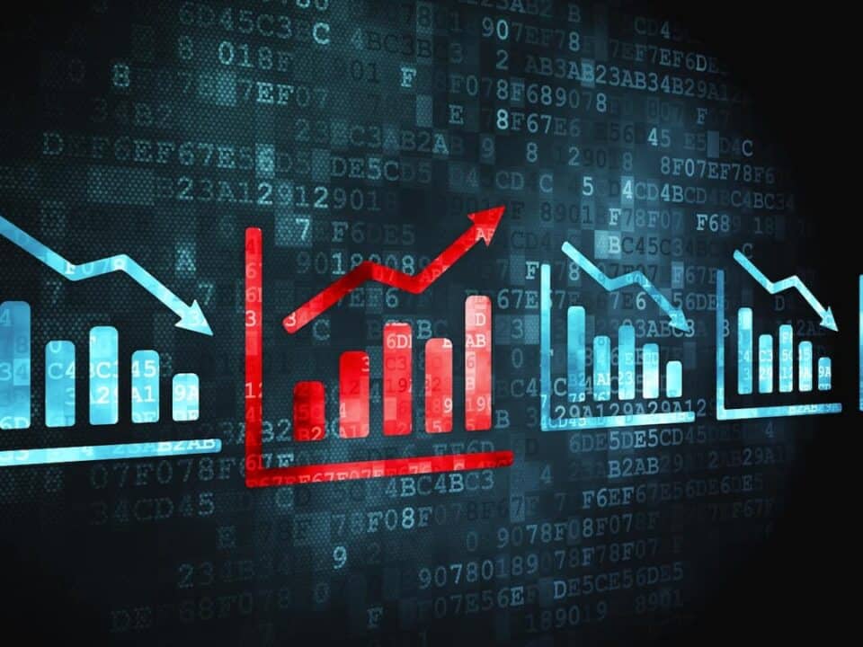 red and blue graphs on the market board